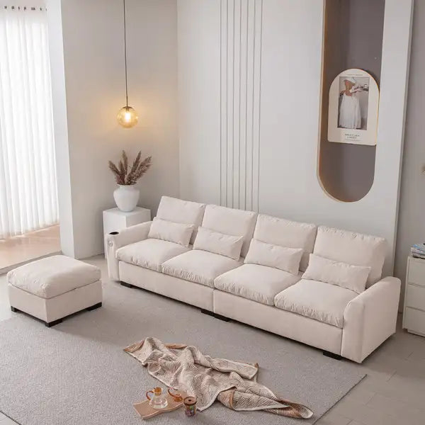 114.5" Modern L-Shaped Chenille Sofa with Ottoman, Storage, & USB