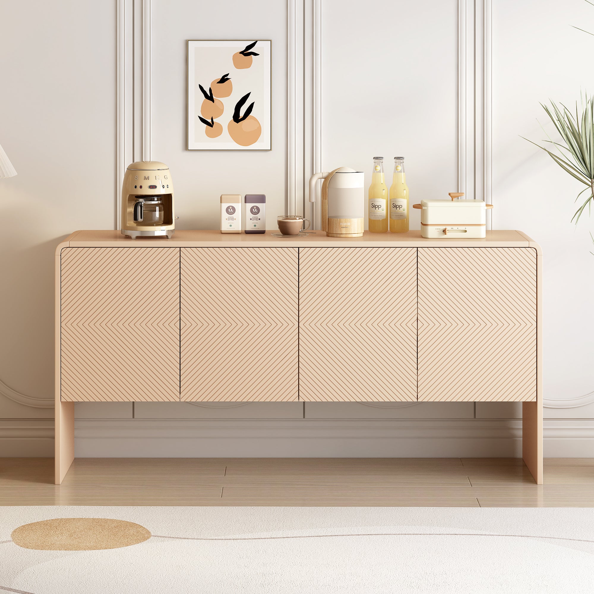 60" Large Storage Sideboard with 4 Doors & Rebound Device - Minimalist Style (Apricot Cream)