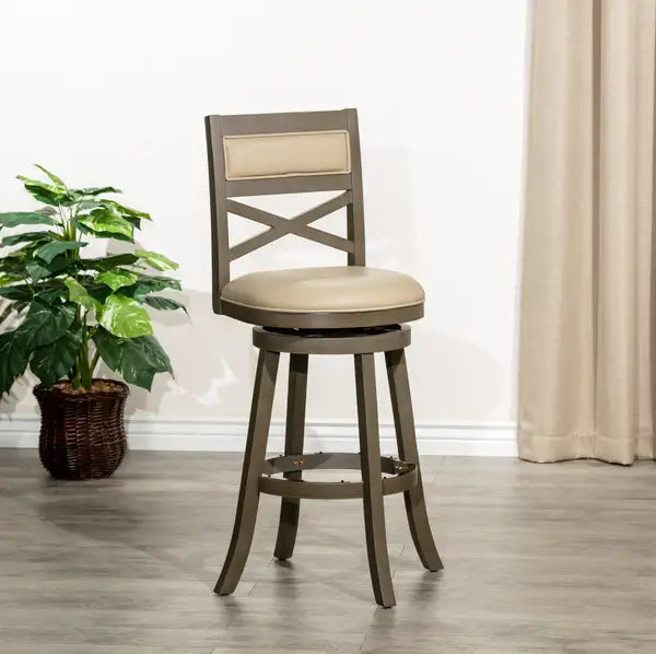 30" Bar Height Swivel Stool with X-Back & Weathered Gray Finish - French Gray Leather Seat - Minihomy