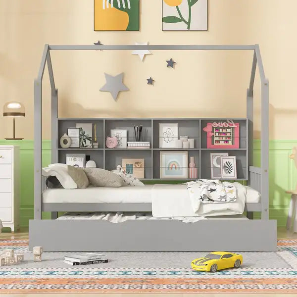 Twin Size Wooden House Bed with Trundle & Shelf - Gray for Kids