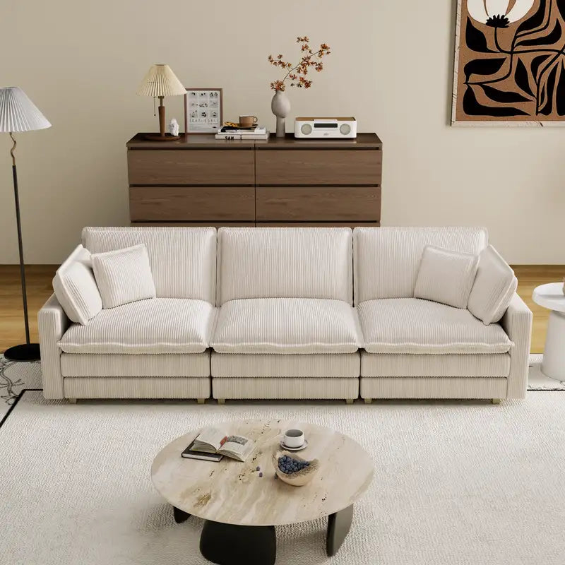 Beige Modular L-Shaped Sectional Sofa with 4 Pillows