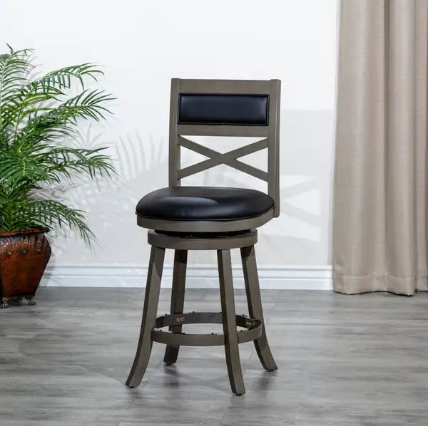 24" Weathered Gray Counter Height Swivel Stool with Black Leather Seat - Minihomy