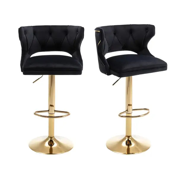 Black Velvet Bar Stools with Back & Footrest - Counter Height - Set of 2 - Minihomy