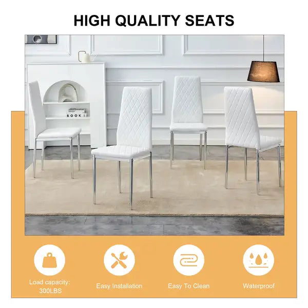 Modern Dining Chairs Set of 4 | White Upholstery, Silver Metal Legs, High Backrest - Restaurant, Living Room, Kitchen, Office - Minihomy