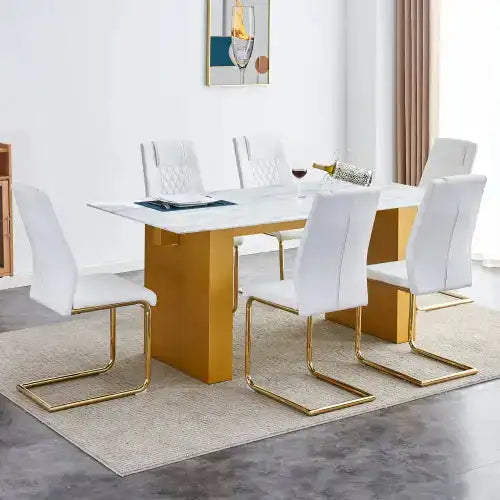 Modern Dining Table & 6 Chair Set - Rectangular Glass Top, Faux Leather Seats, Gold Legs - Minihomy