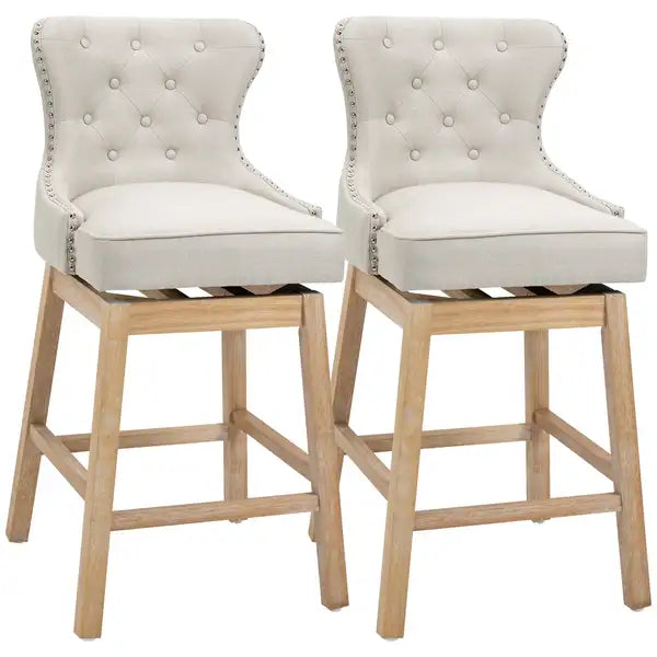 Cream Upholstered Bar Stools, 180° Swivel, Nailhead Trim, 30" Seat Height, Set of 2 - Minihomy