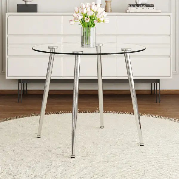 Round Glass Dining Table with Silver Metal Legs - Exquisite Home Decor