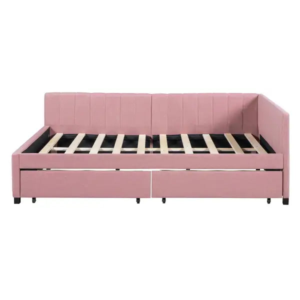 Full Size Upholstered Daybed with Storage Drawers - Linen Fabric (Pink) - Minihomy