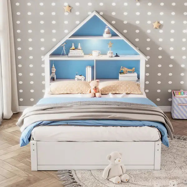 Kids House Bed with Bookcase Headboard, LED Light & Twin Trundle - Blue & White