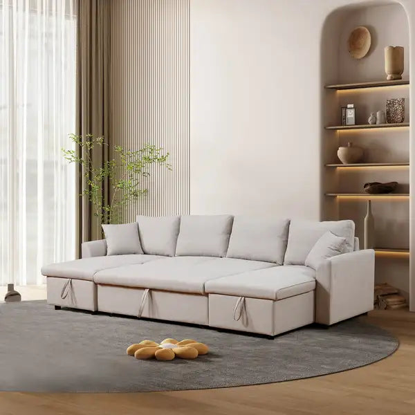 U-Shaped Sectional Sofa Sleeper with Storage - Beige Artemax