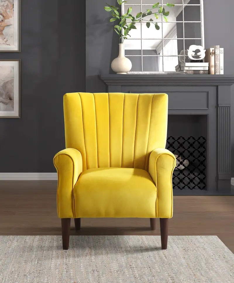 Yellow Velvet Accent Chair - Modern Tufted Channel Back & Solid Wood Legs