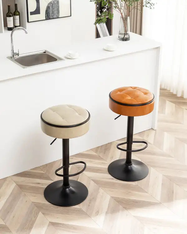 Khaki Faux Leather Bar Stools Set of 2 | Height Adjustable Swivel Counter Stools for Kitchen & Living Room - Minihomy