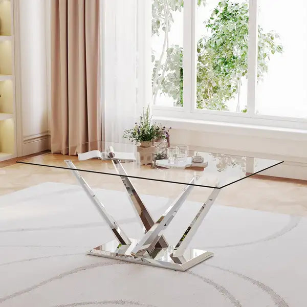 Tempered Glass Dining Table - 0.39" Thick, Stainless Steel Base, Rectangular