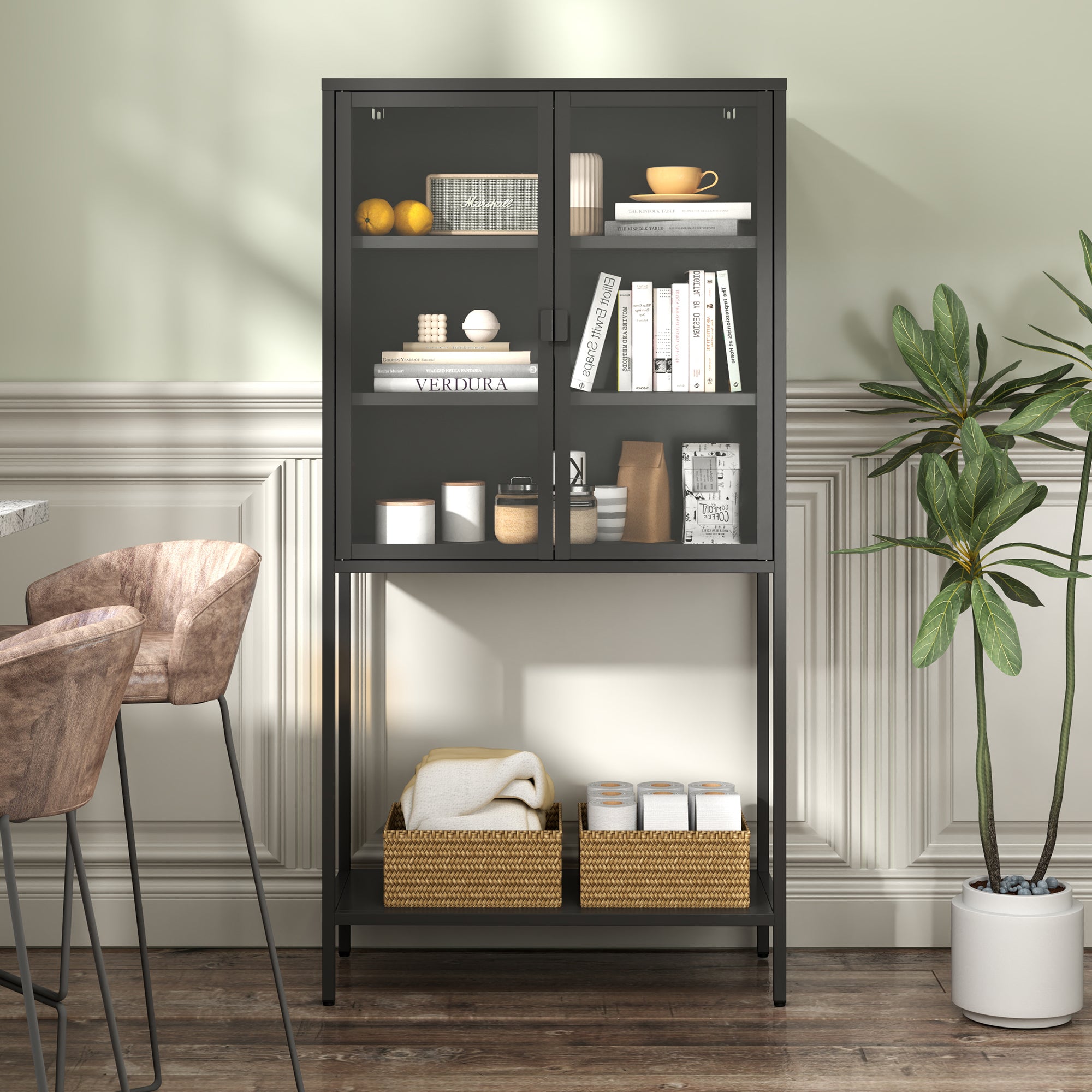 59" Tall Metal Storage Cabinet with Glass Doors - Bookcase, Sideboard, Buffet for Home Office & Living Room