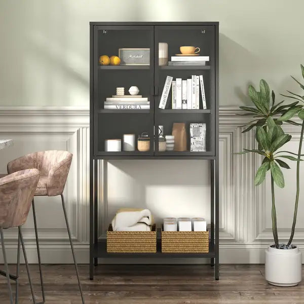 59" Tall Metal Storage Cabinet with Glass Doors - Bookcase, Sideboard, Buffet for Home Office & Living Room - Minihomy