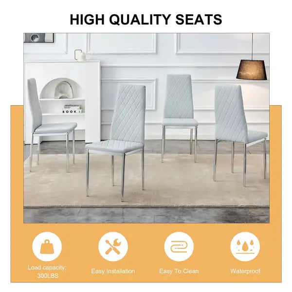 4-Piece Checkered Dining Chairs Set | High Back, Armless, Light Gray, Metal Legs - Office & Home - Minihomy