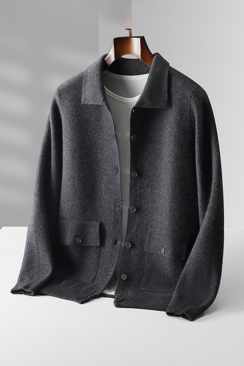 Men's Polo Collar Solid Color Wool Cardigan Autumn Winter Retro Pocket Thick Coat