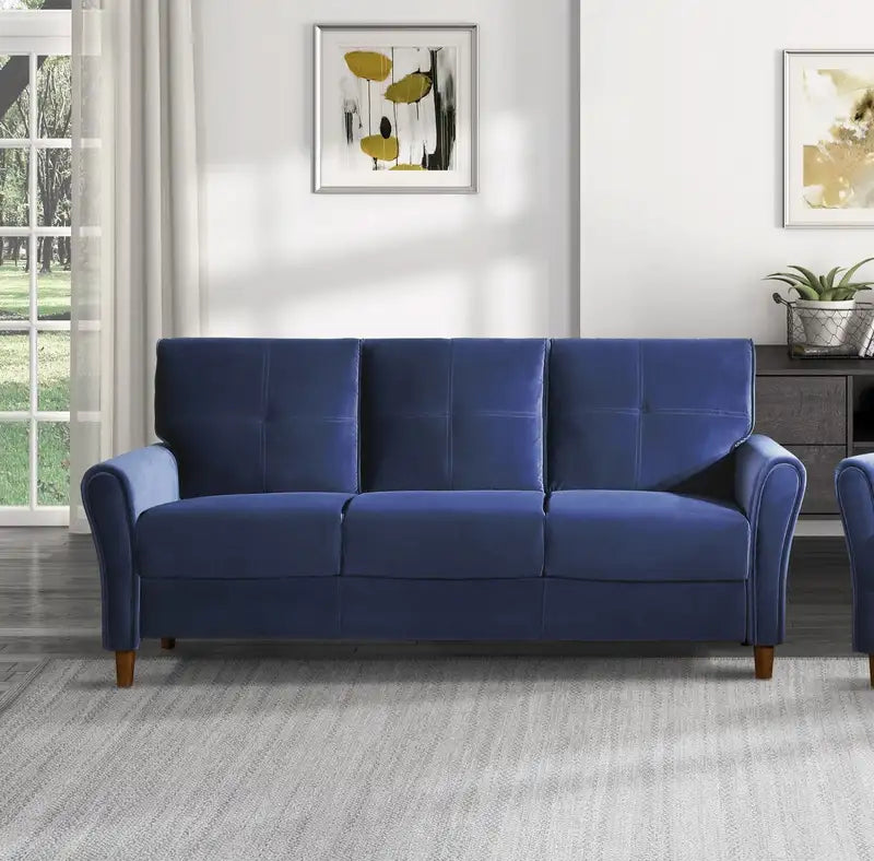 Blue Velvet Sofa, Modern Tufted Plush Living Room Furniture