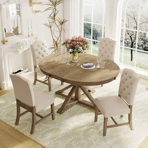 Extendable Dining Table Set with 4 Chairs, Retro Style, Natural Wood Wash - TREXM Functional Furniture