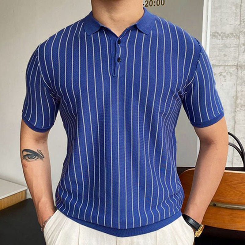 Summer New Striped Slim-fit Short Sleeve Lapel Business