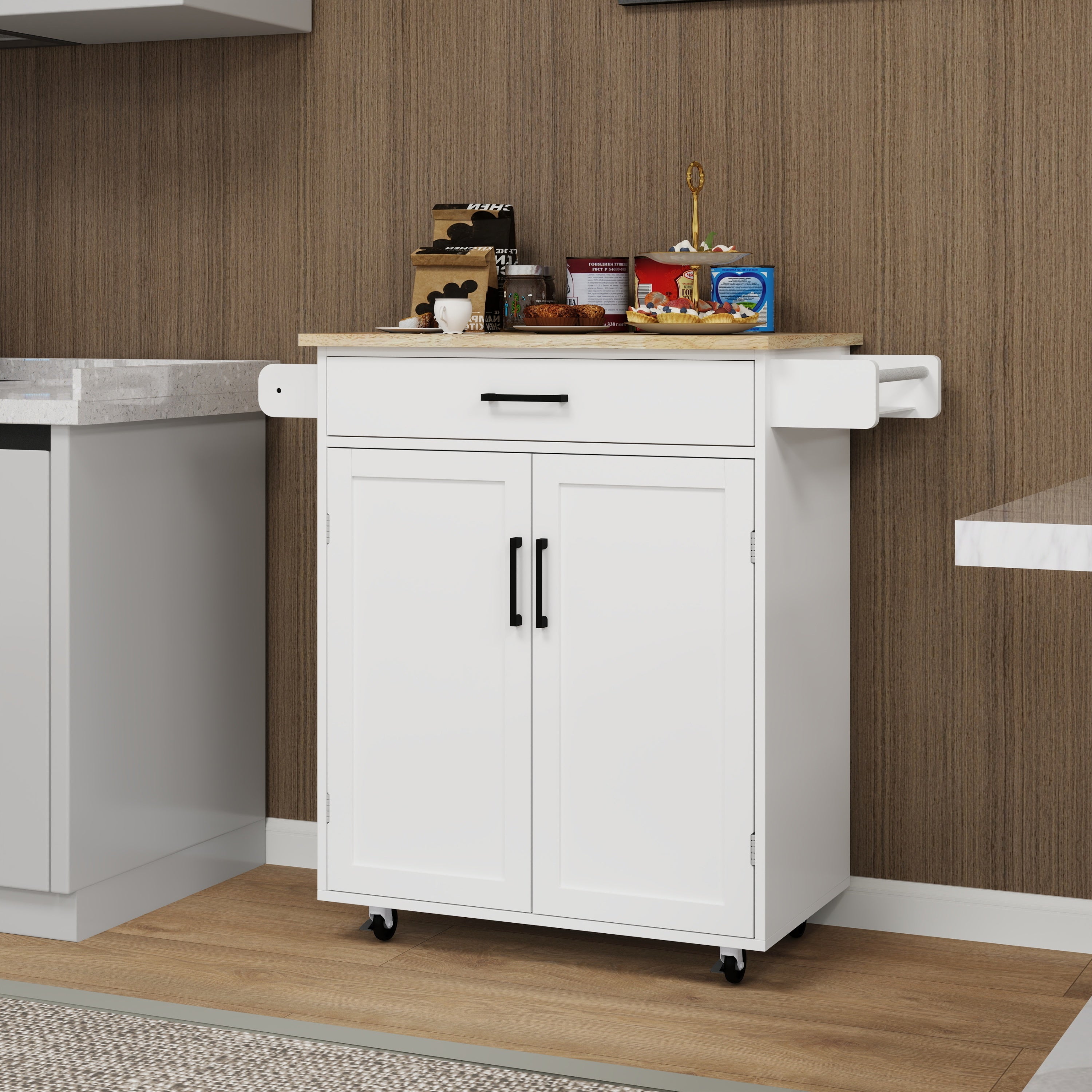 Rolling Kitchen Island Cart with Storage, Drawer, Shelves, Towel Rack - White