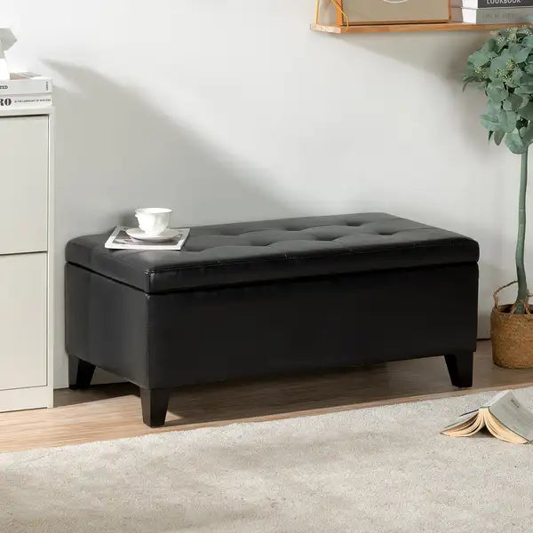 Black Faux Leather Storage Ottoman with Wooden Legs - 38.4"