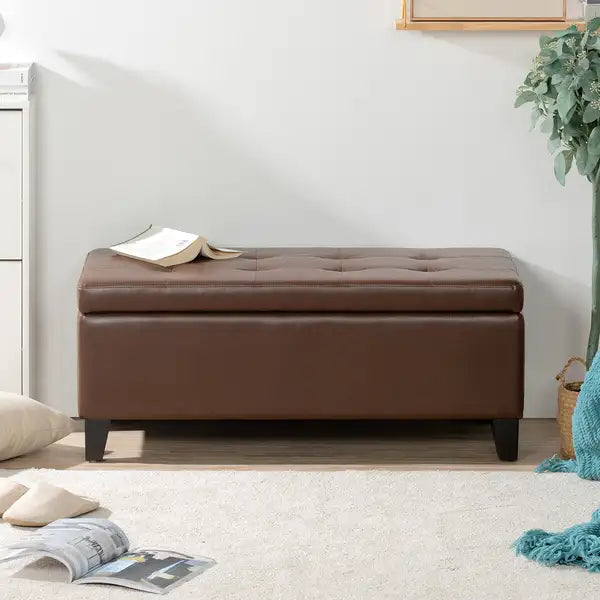 Brown Faux Leather Storage Ottoman with Wooden Legs - 38.4"