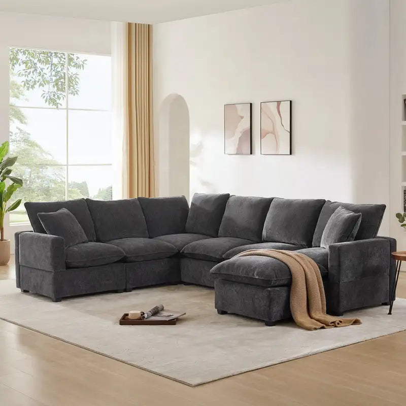 7-Seat U-Shape Sectional Sofa - 110x86" Chenille Couch Set with Pillows