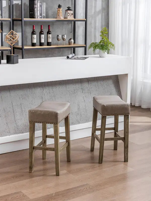 Counter Height Bar Stools Set of 2 - Faux Leather, Backless, Gray, 26 Inch - Farmhouse Style Kitchen Island Chairs - Minihomy