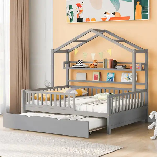 Full Size Wooden House Bed with Twin Trundle & Shelf - Gray Kids Bed