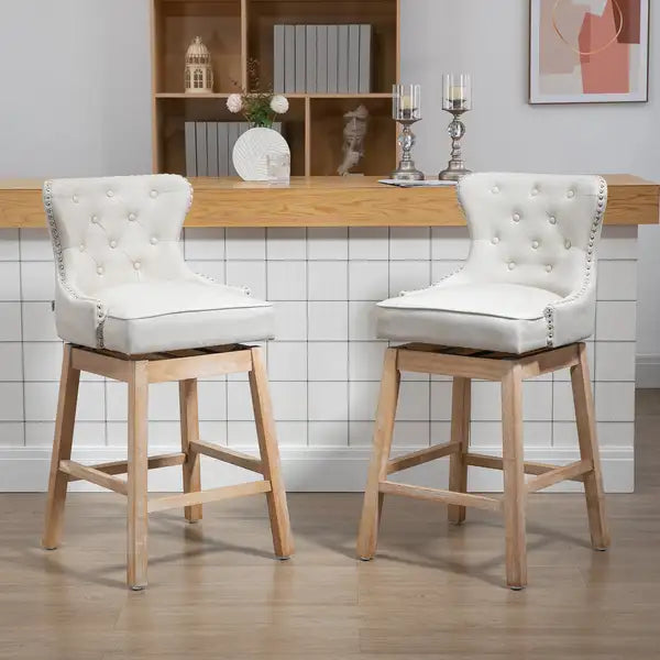 Cream Upholstered Bar Stools, 180° Swivel, Nailhead Trim, 30" Seat Height, Set of 2 - Minihomy