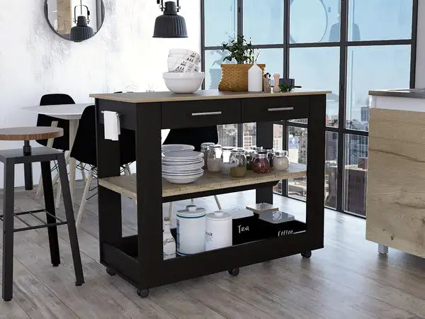 Rockaway Kitchen Island with 2 Drawers, 2 Shelves - Black Wengue & Light Oak