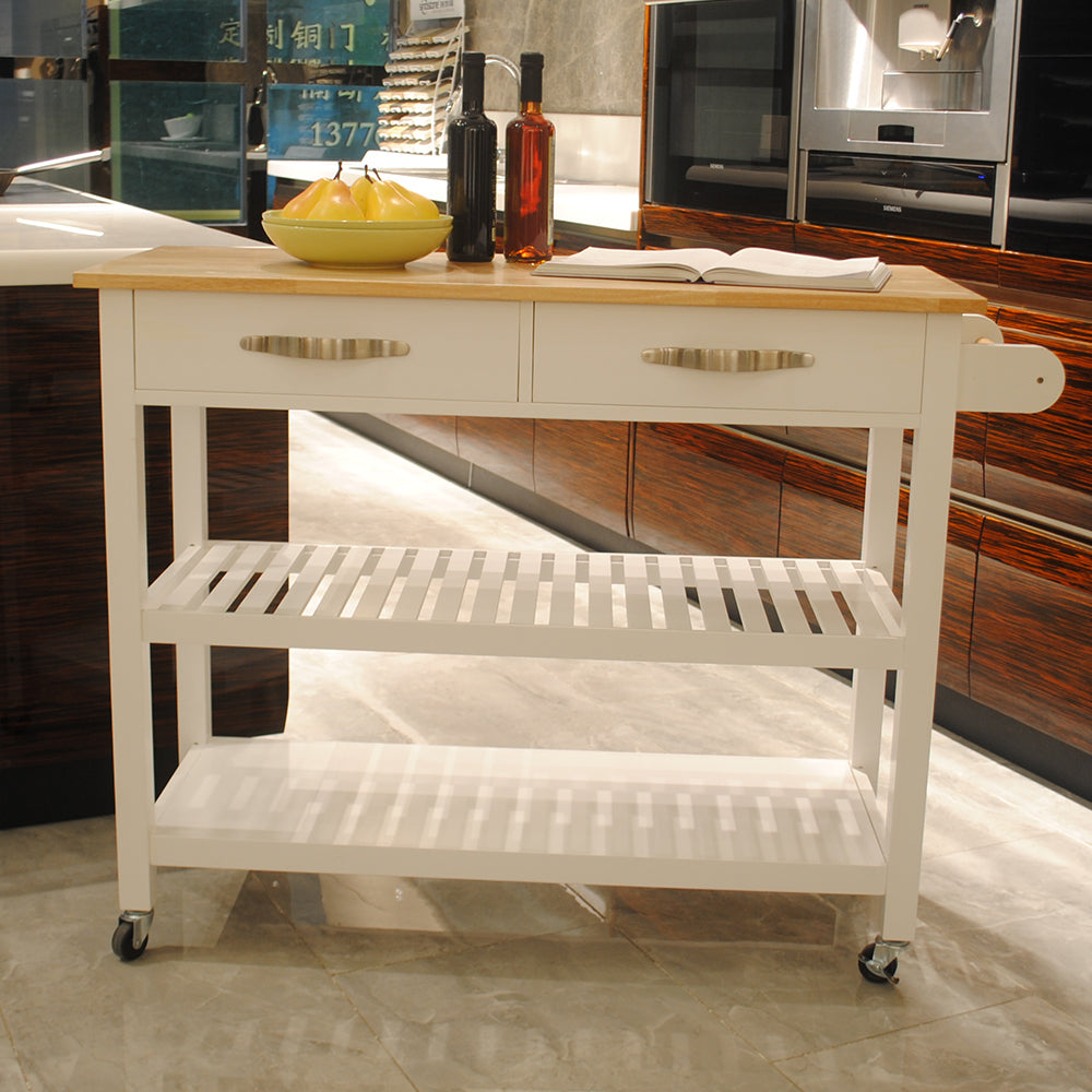 Rubber Wood Kitchen Island with Drawers & Lockable Wheels - Mobile Cart for Easy Storage