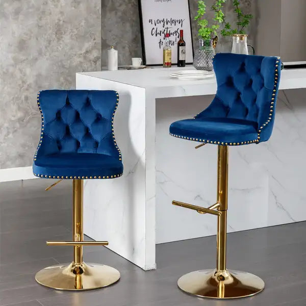 Blue Velvet Swivel Bar Stools Set of 2 - Adjustable Height, Modern Upholstered with Backs for Kitchen Island & More - Minihomy