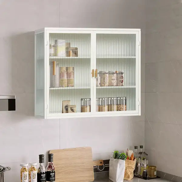 Modern White Wall Cabinet with Glass Doors - 27.56" Entryway, Living Room, Bathroom, Dining Room