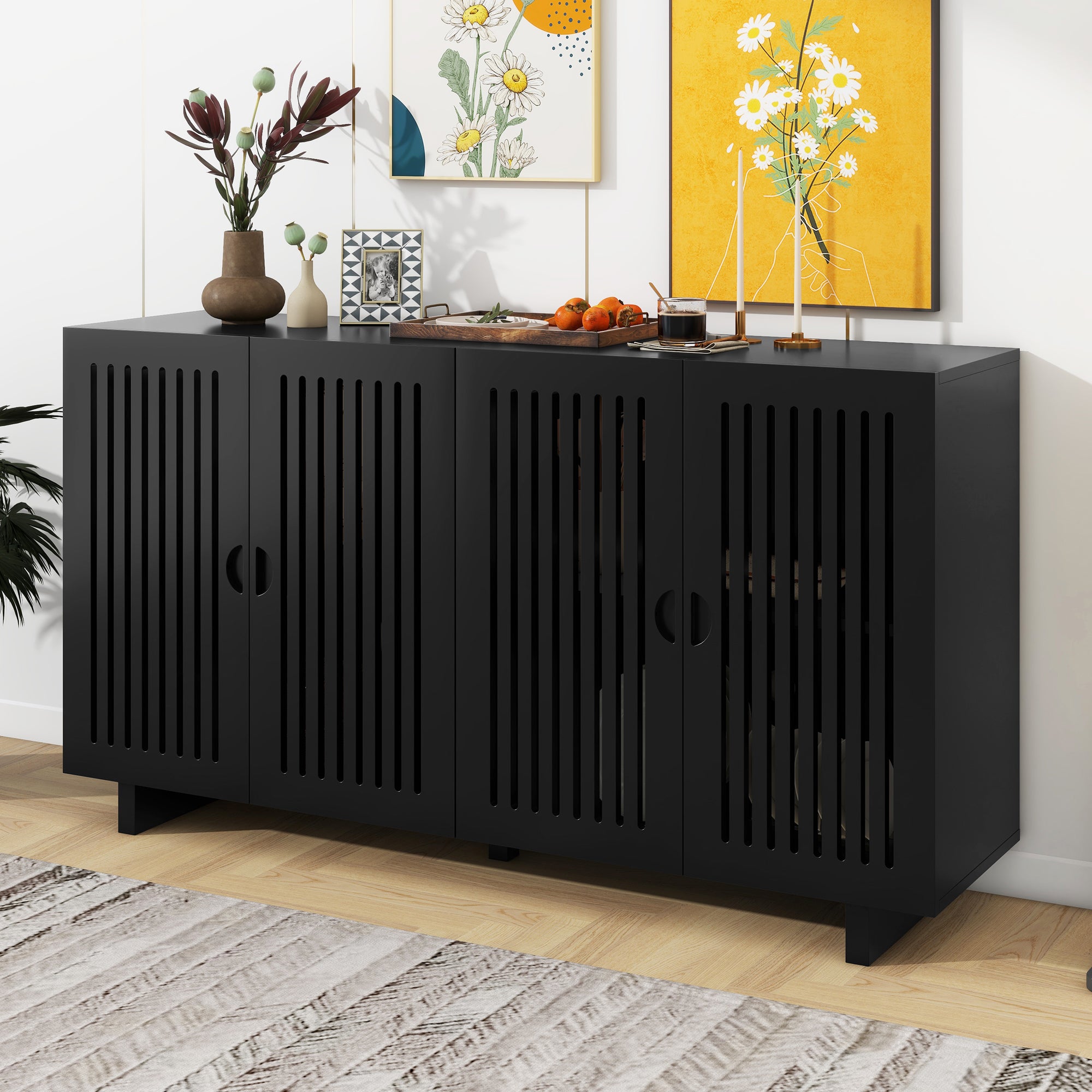 Modern Sideboard with Storage, Hollow Door & Adjustable Shelves - Black (TREXM)