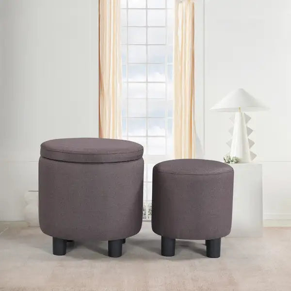 Upholstered Round Ottoman with Storage - Brown Tufted Footrest for Living Room