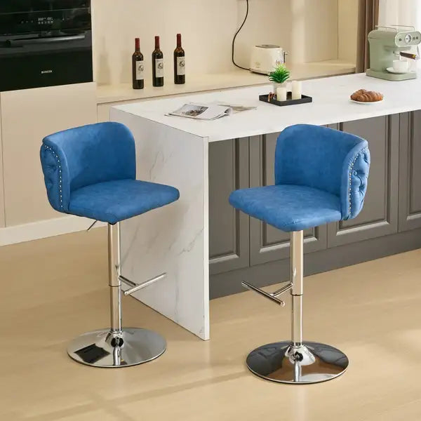 Blue Swivel Barstools Set of 2 - Adjustable Height, Chrome Base, Tufted PU Leather - Minihomy