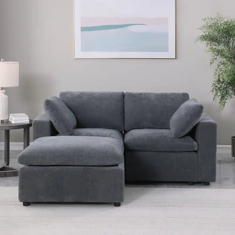 Grey Chenille Modular Sectional Loveseat & Ottoman: Small Space Sofa