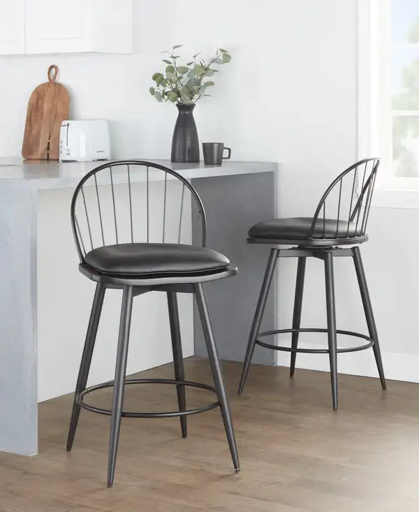 LumiSource Riley 26" Farmhouse Swivel Counter Stools - Set of 2 - Matte Black