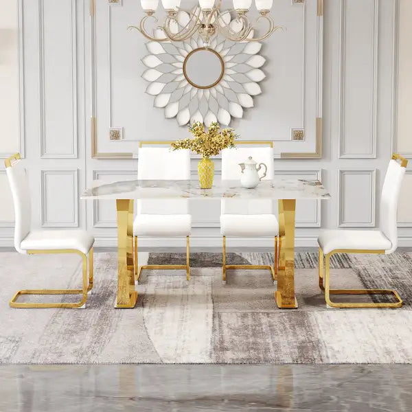 Modern Dining Table & Chair Set - Gold Metal Legs, Rock Plate Top, Stable & Stylish - Minihomy