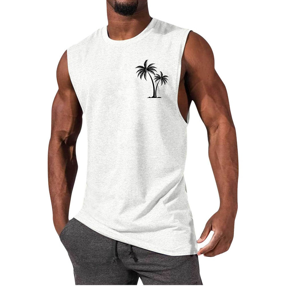 Coconut Tree Embroidery Vest - Summer Beach Tank Tops Workout Muscle Men Sports Fitness T-shirt