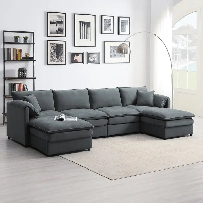 U-Shaped Chenille Sectional Sofa Bed - 6 Seats, Oversized Living Room Couch