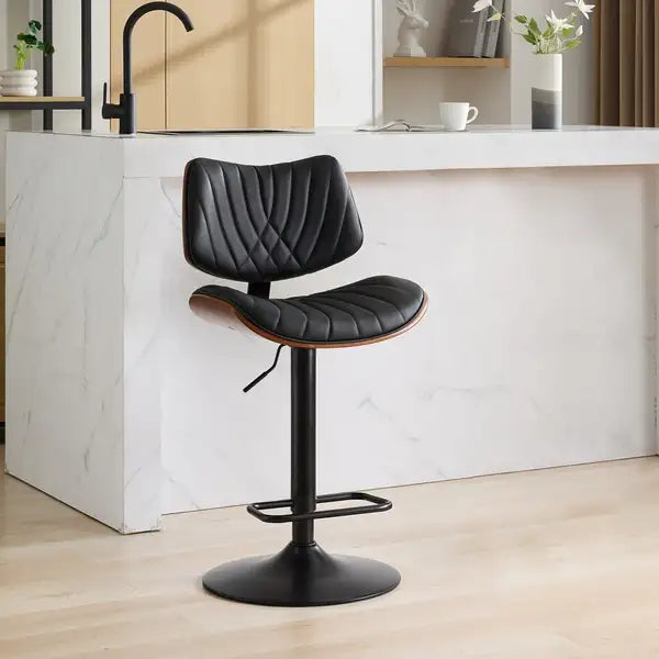 Black Leather Swivel Bar Stools, Mid Century Modern Adjustable Counter Height for Kitchen & Dining Room - 1 Chair - Minihomy