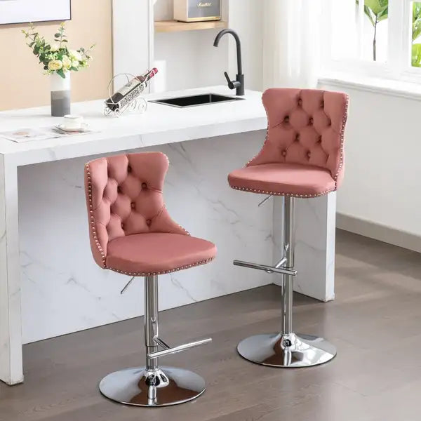 Pink Velvet Bar Stools, Adjustable Height, Chrome Base, Set of 2 - Minihomy