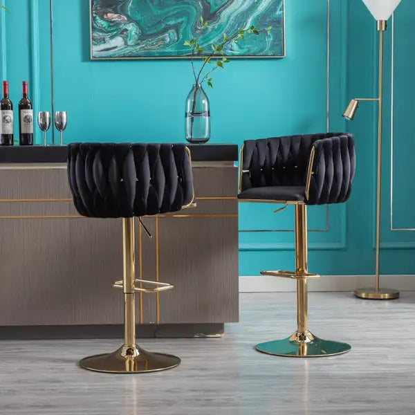 Swivel Bar Stools Set of 2, Adjustable Height Velvet & Gold Leg - Black