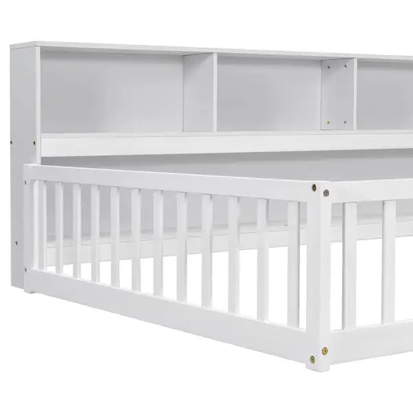 Full Size Platform Bed with Bookcase, Shelves, Guardrails - White - Minihomy