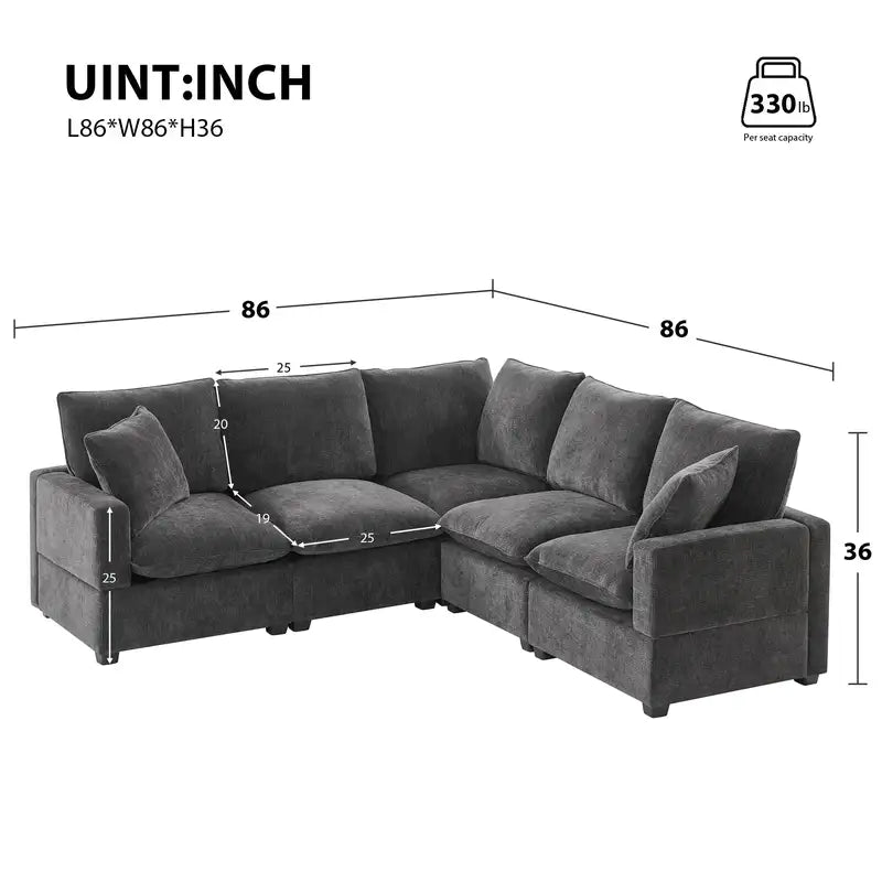 Modern L-Shaped Sectional Sofa (84x84") - 5 Seats, 2 Pillows, Chenille