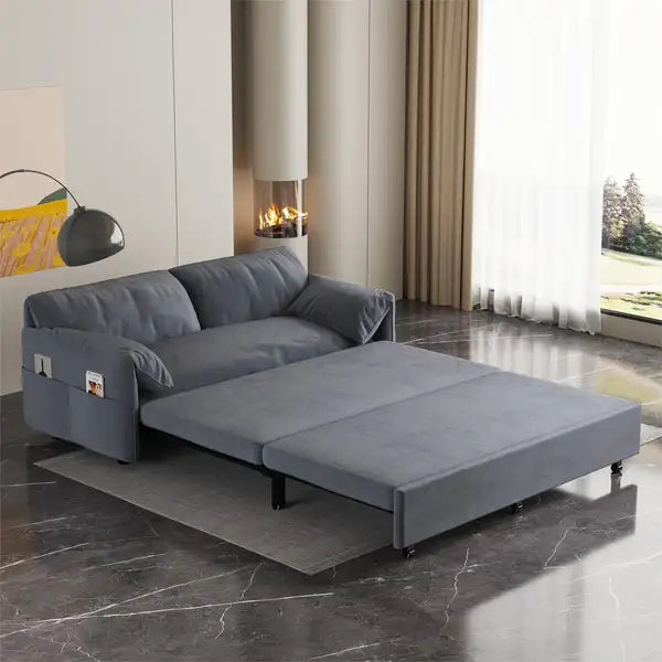 Grey Velvet Convertible Sofa Bed with Storage - Queen Sleeper Sofa