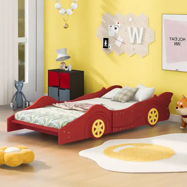 Twin Race Car Bed with Wheels - Red Platform Bed for Kids - Toddler & Kids Bedroom Furniture